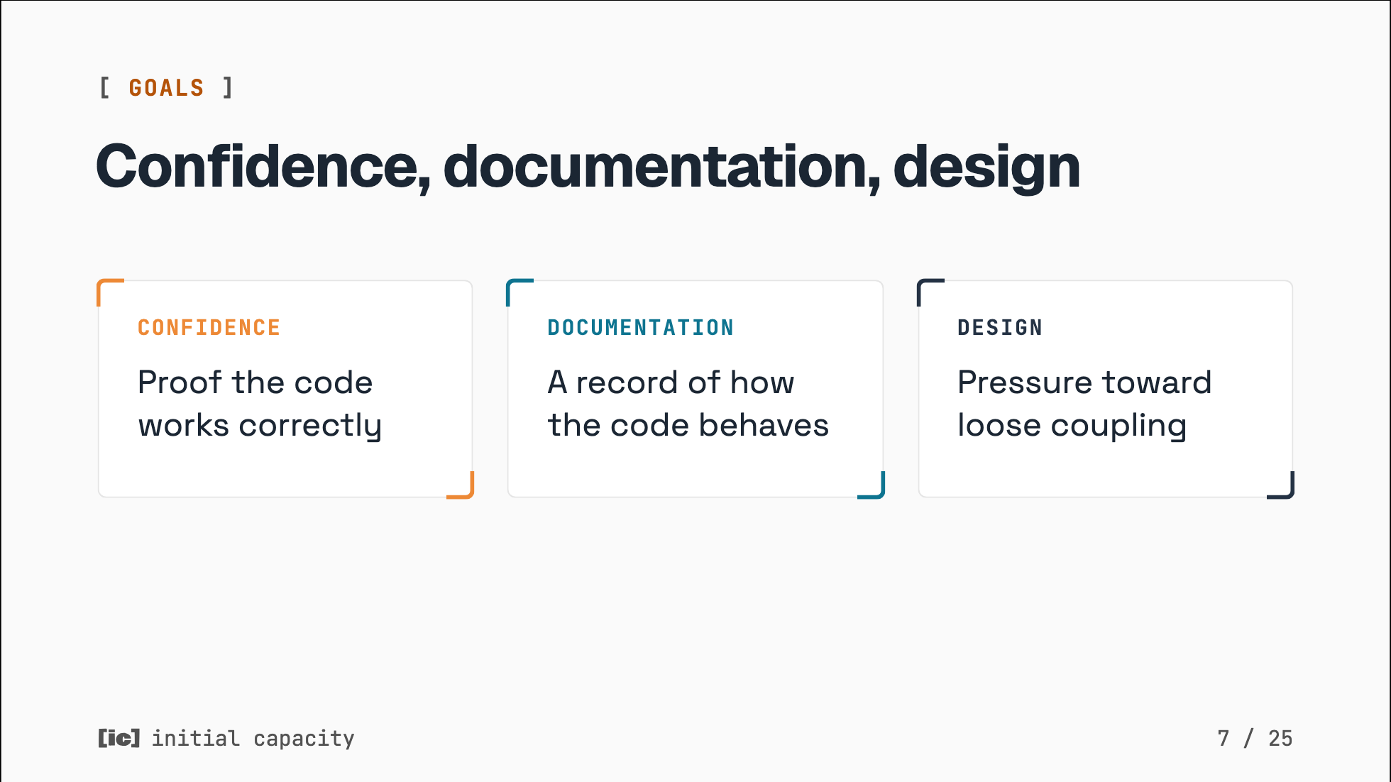 Content slide with three bracket-corner cards