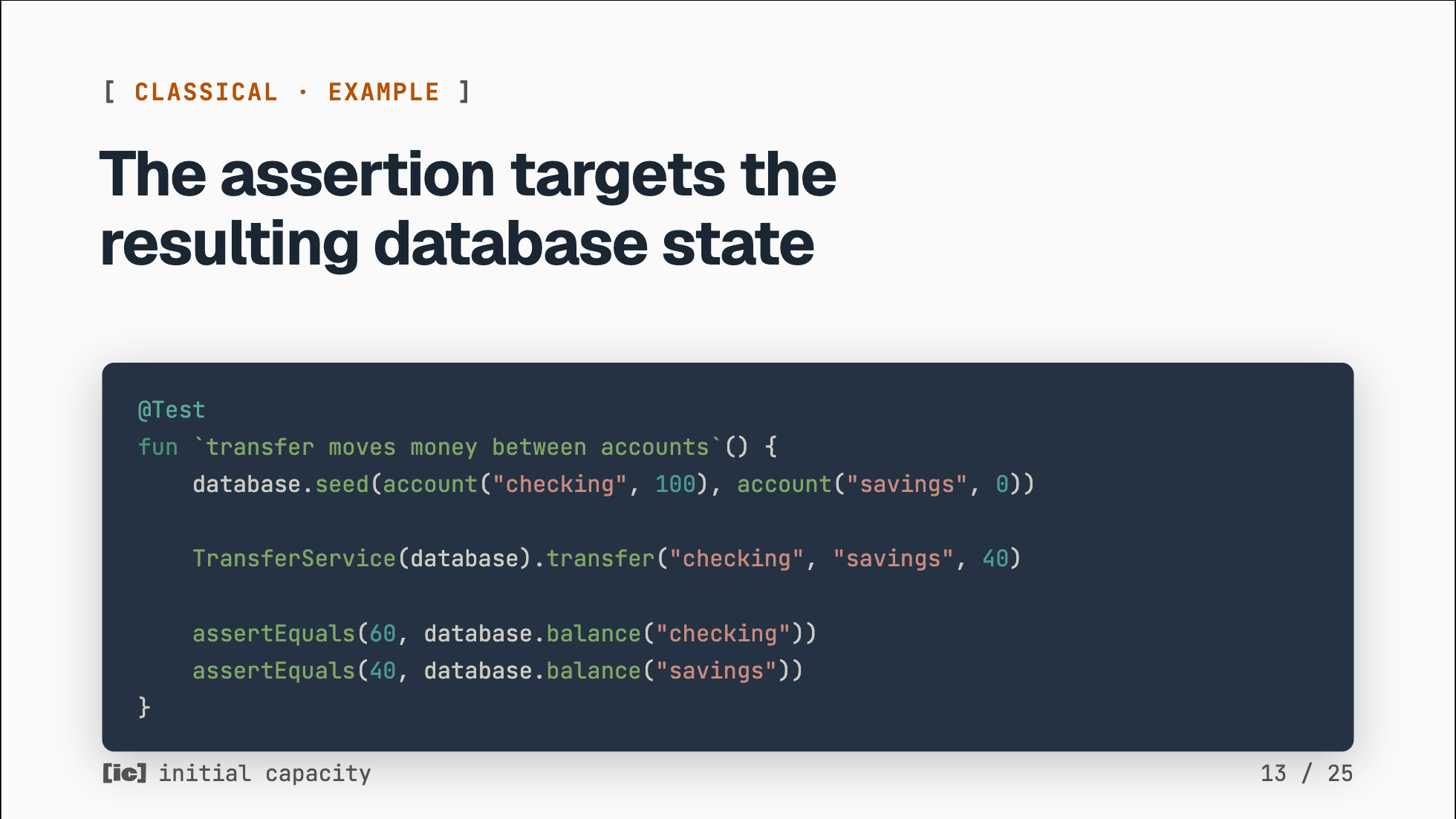 Code slide with a Kotlin test on the navy terminal surface